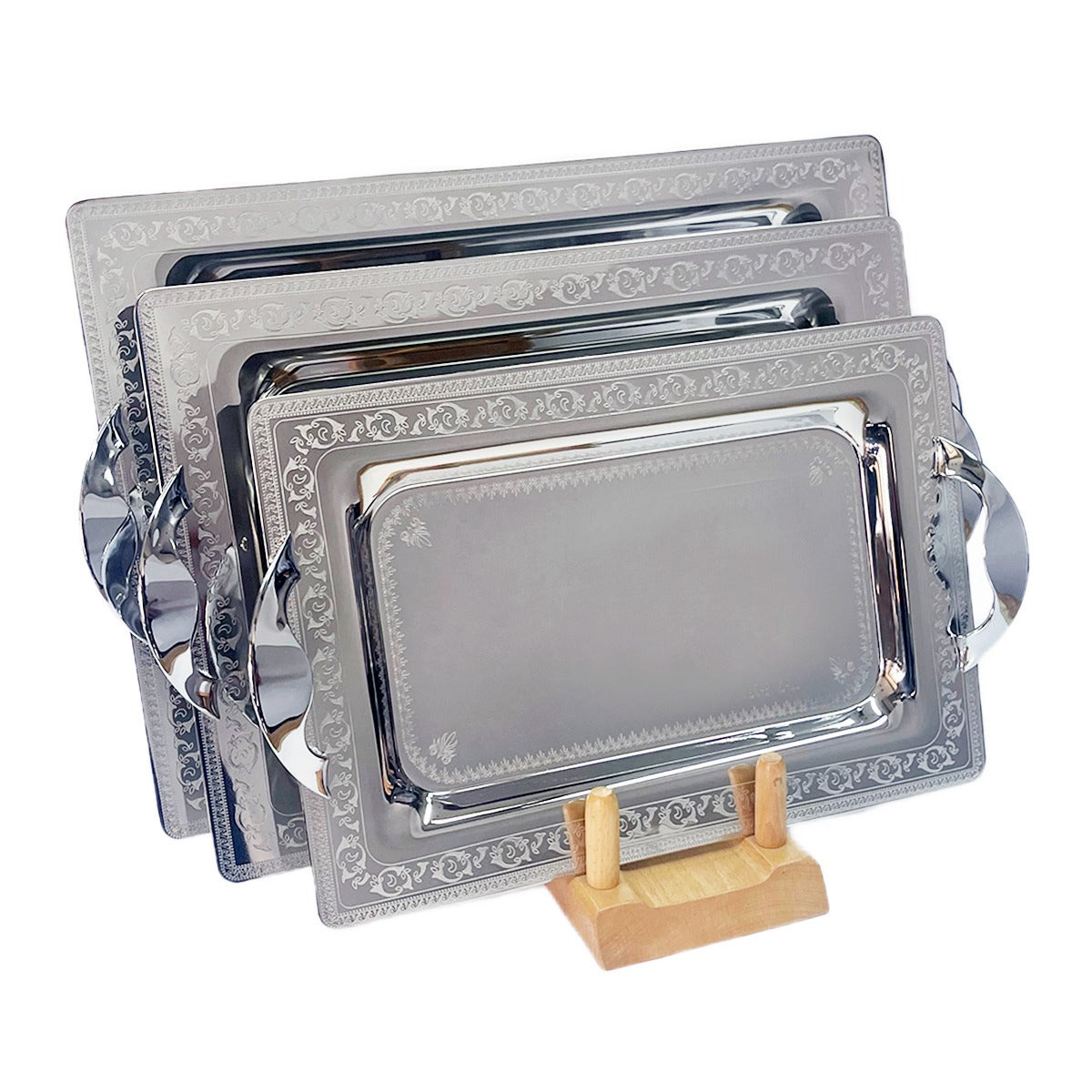 Tresors Rectangular Tray with Handles, 3 Pieces -Made in Italy -Silver -Stainless Steel 18/10