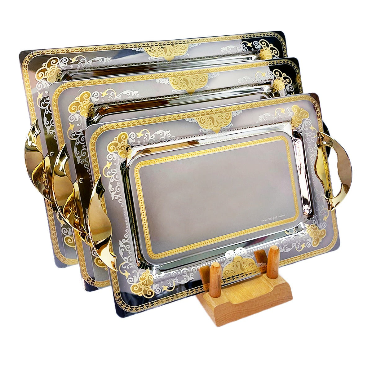 Tresors Rectangular Tray with Handles, 3 Pieces -Made in Italy -Silver & Gold -Stainless Steel 18/10