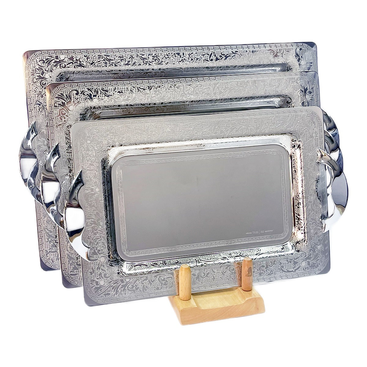 Tresors Rectangular Tray with Handles, 3 Pieces -Made in Italy -Silver -Stainless Steel 18/10
