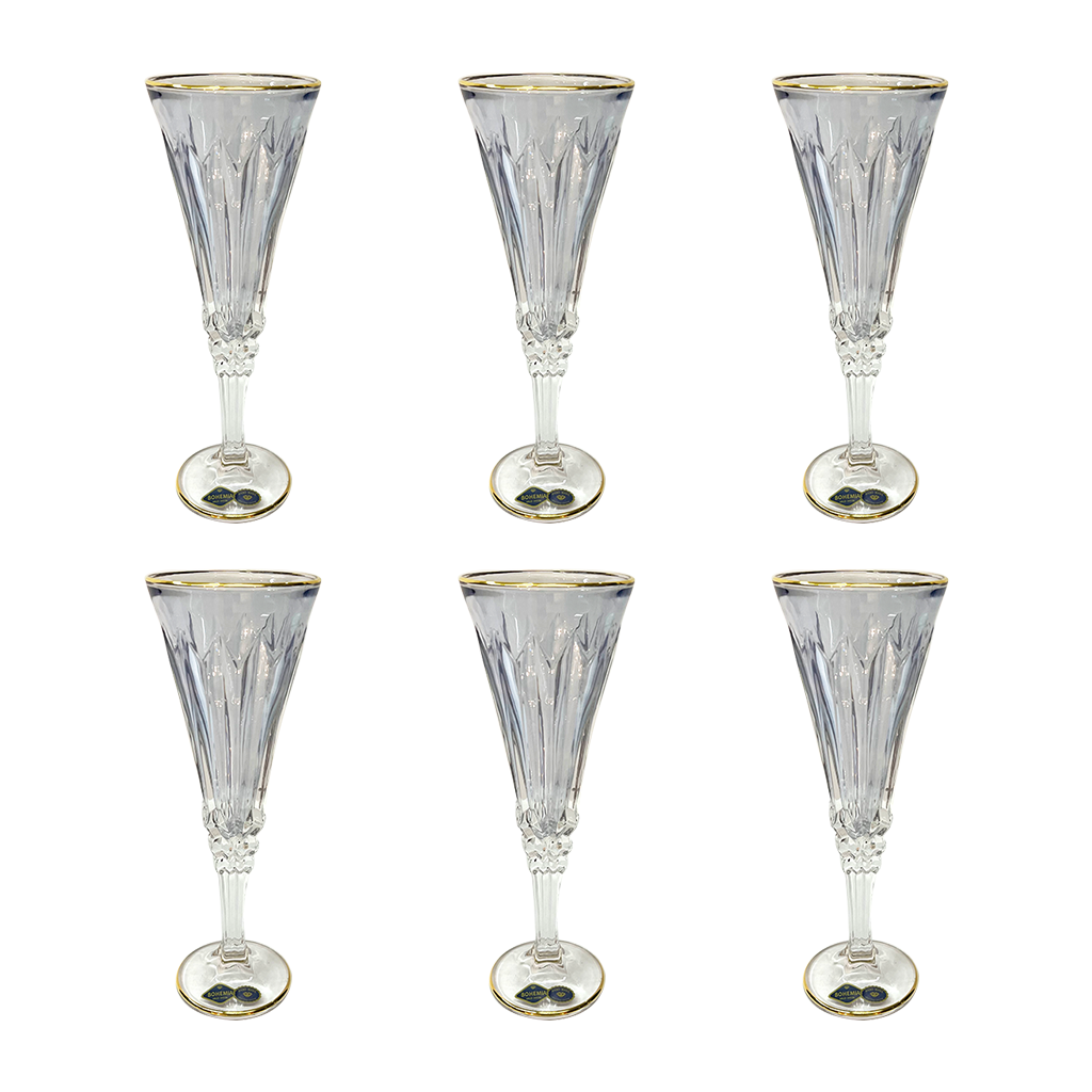 Bohemia Crystal Flute Set, 6 Pieces -Blue & Gold