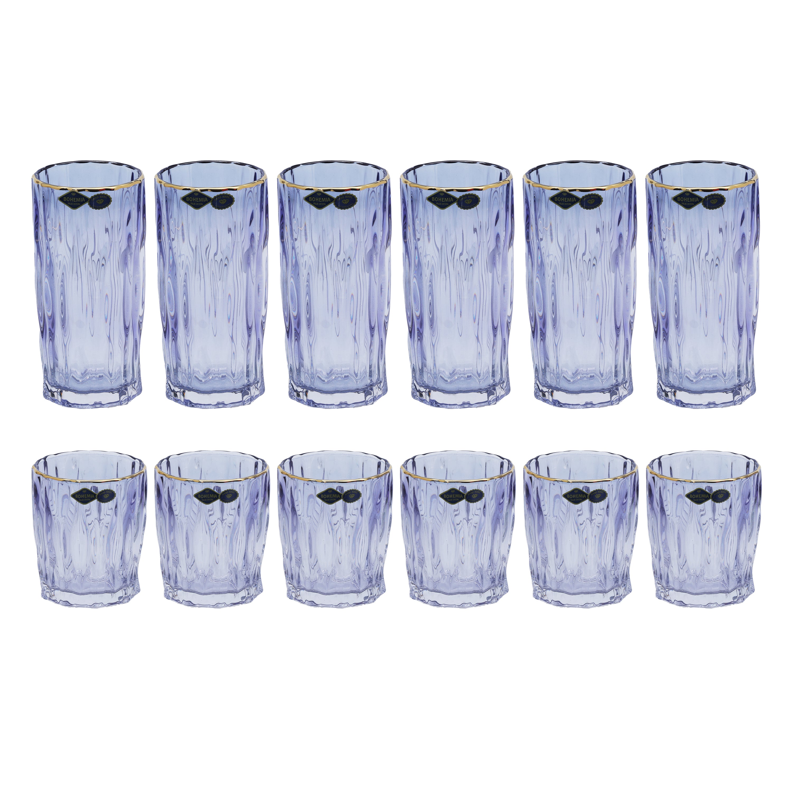 Bohemia Crystal Longdrink & Tumbler Set, 12 Pieces -Blue & Gold