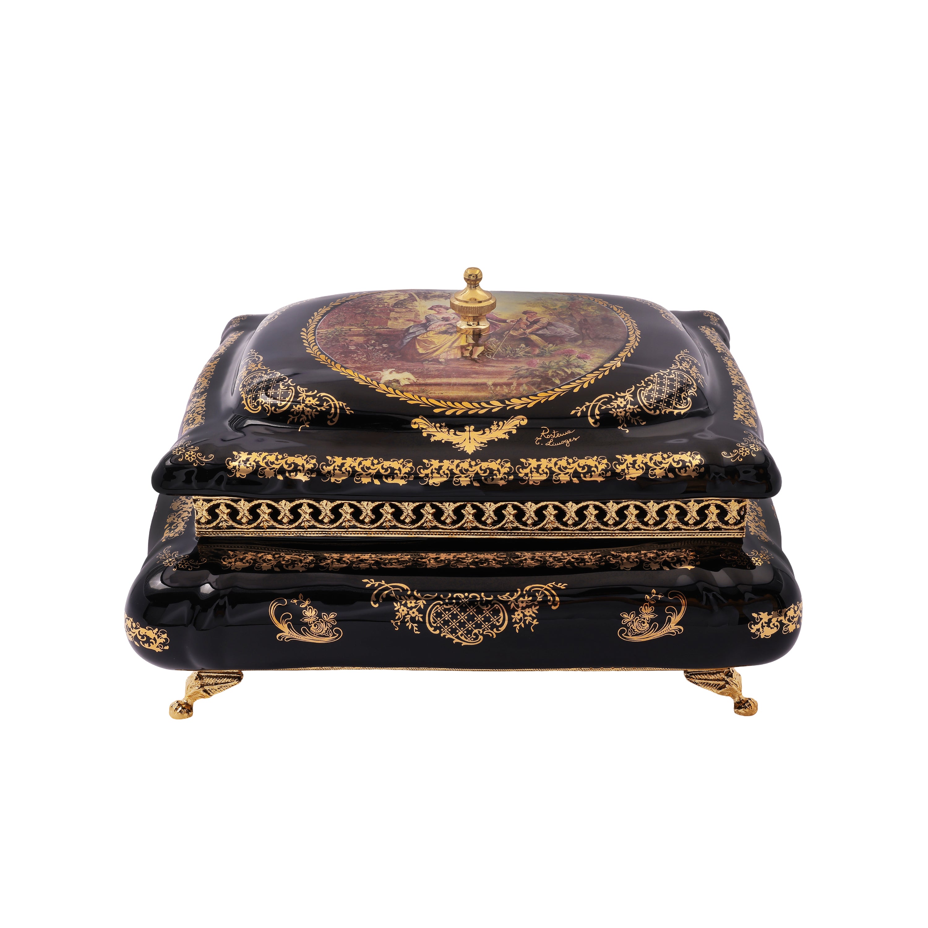 Limoge Rostema Bonbonniere with Cover & Gold Plated Legs -Romeo & Juliet -Cobalt Blue & Gold -30x25x18 cm