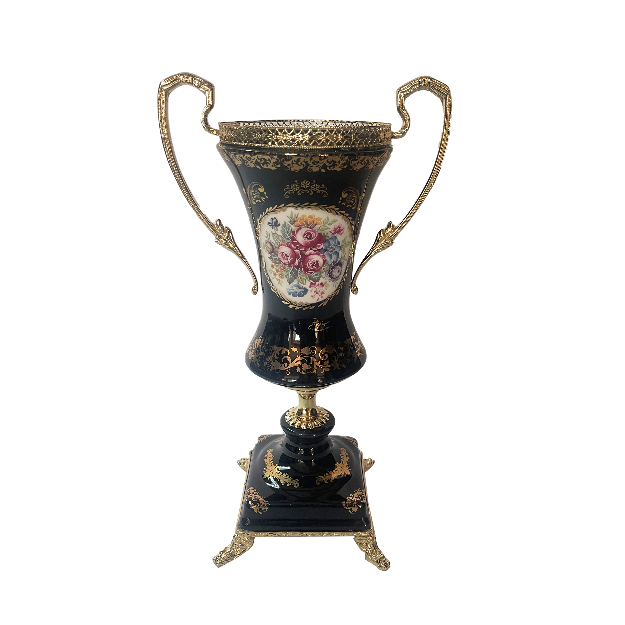 Limoge Rostema Potiche with Base & Gold Plated Handles -Cobalt Blue & Gold -20x35 cm