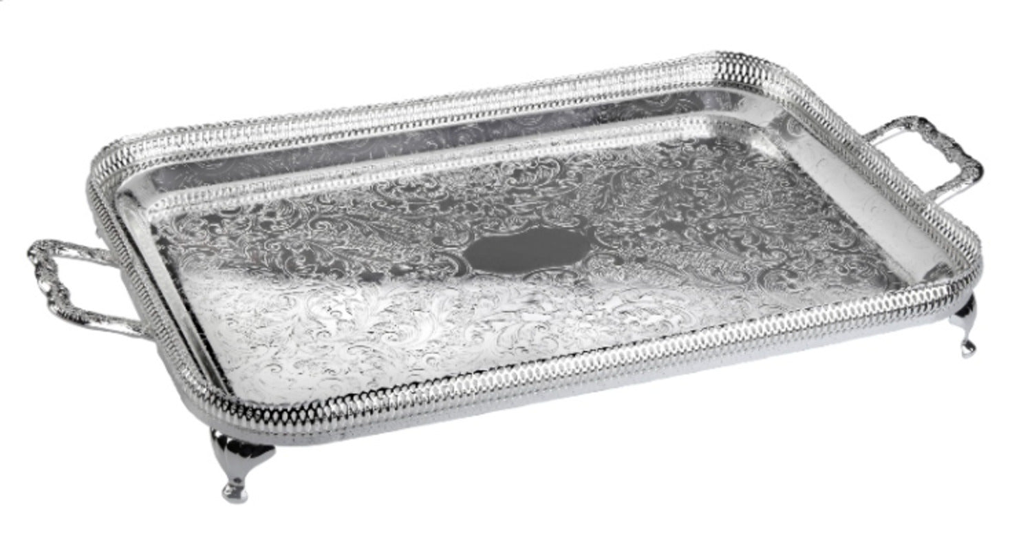 Queen Anne Oblong Tray with Handles and Legs -50x29cm -Silver Plated