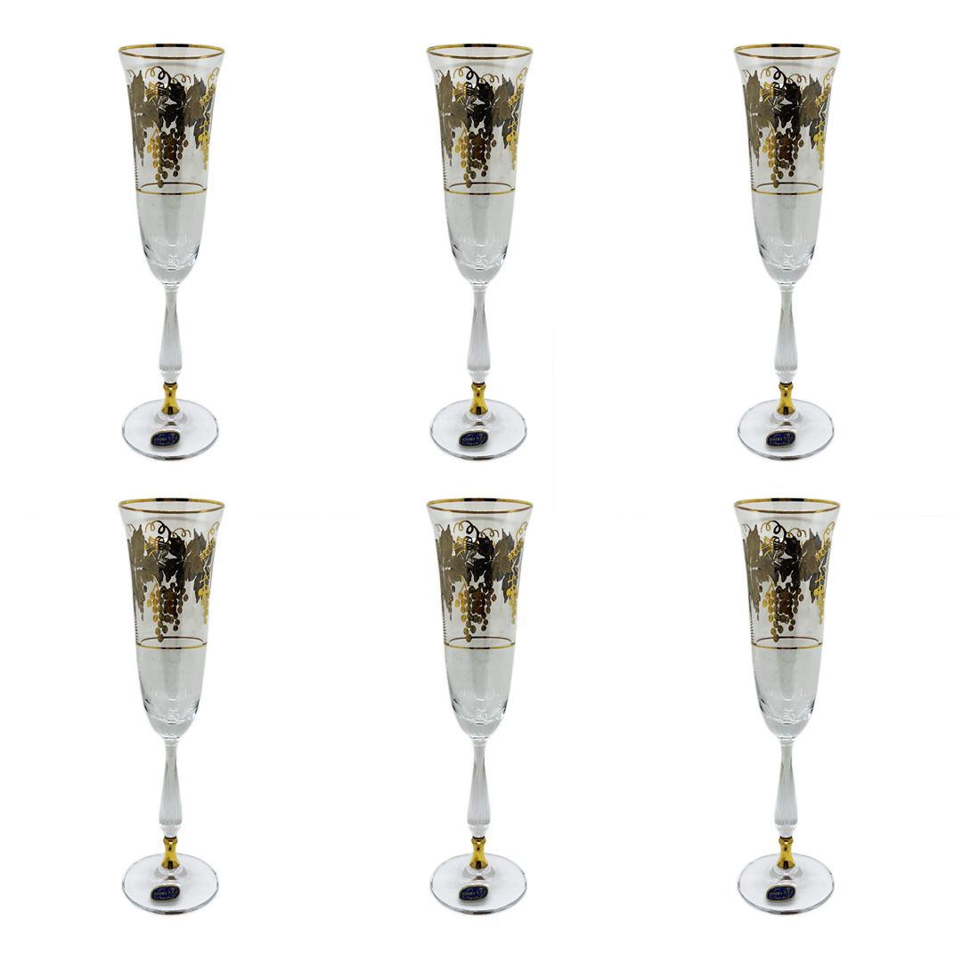 Bohemia Crystal Flute Set, 6 Pieces -Silver & Gold -150 ml