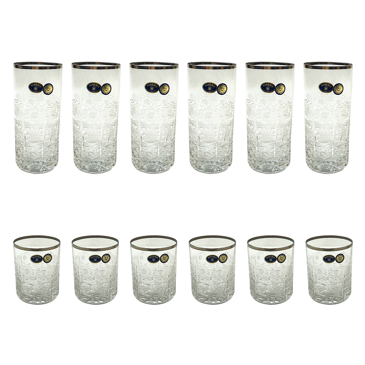 Bohemia Crystal Longdrink & Tumbler Set, 12 Pieces -Silver -350 & 320 ml