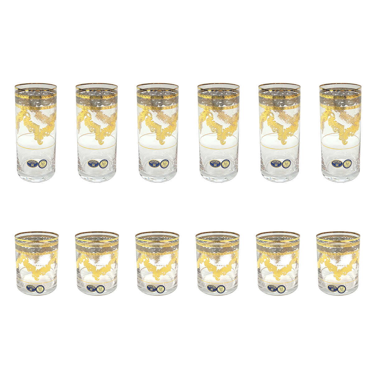 Bohemia Crystal Longdrink & Tumbler Set, 12 Pieces -Silver & Gold -300 & 280 ml