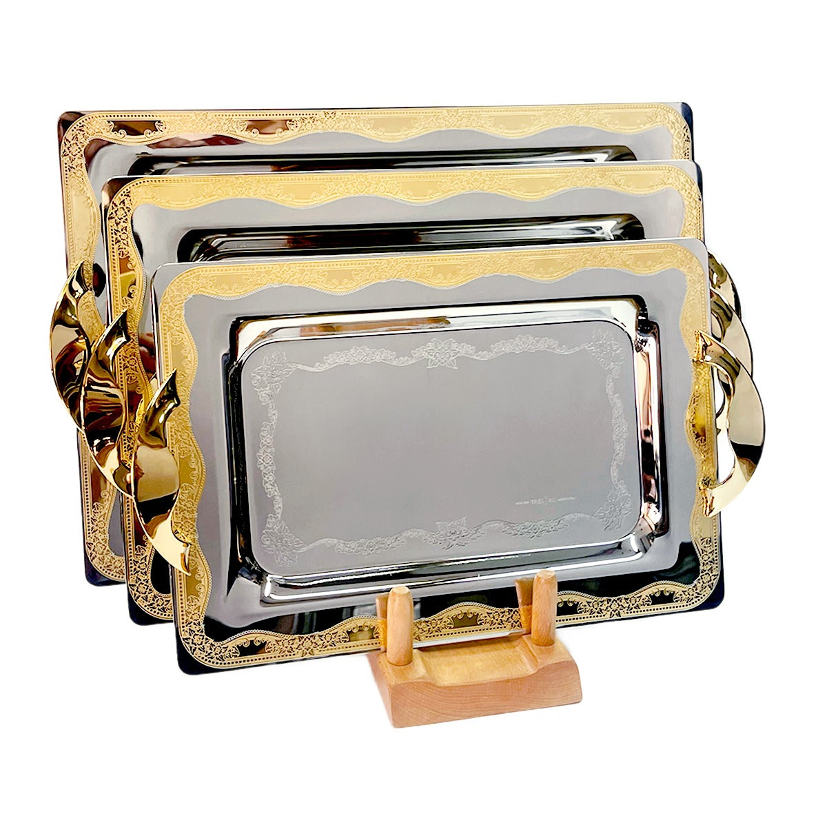 Tresors Rectangular Tray with Handles, 3 Pieces -Made in Italy -Silver & Gold -Stainless Steel 18/10