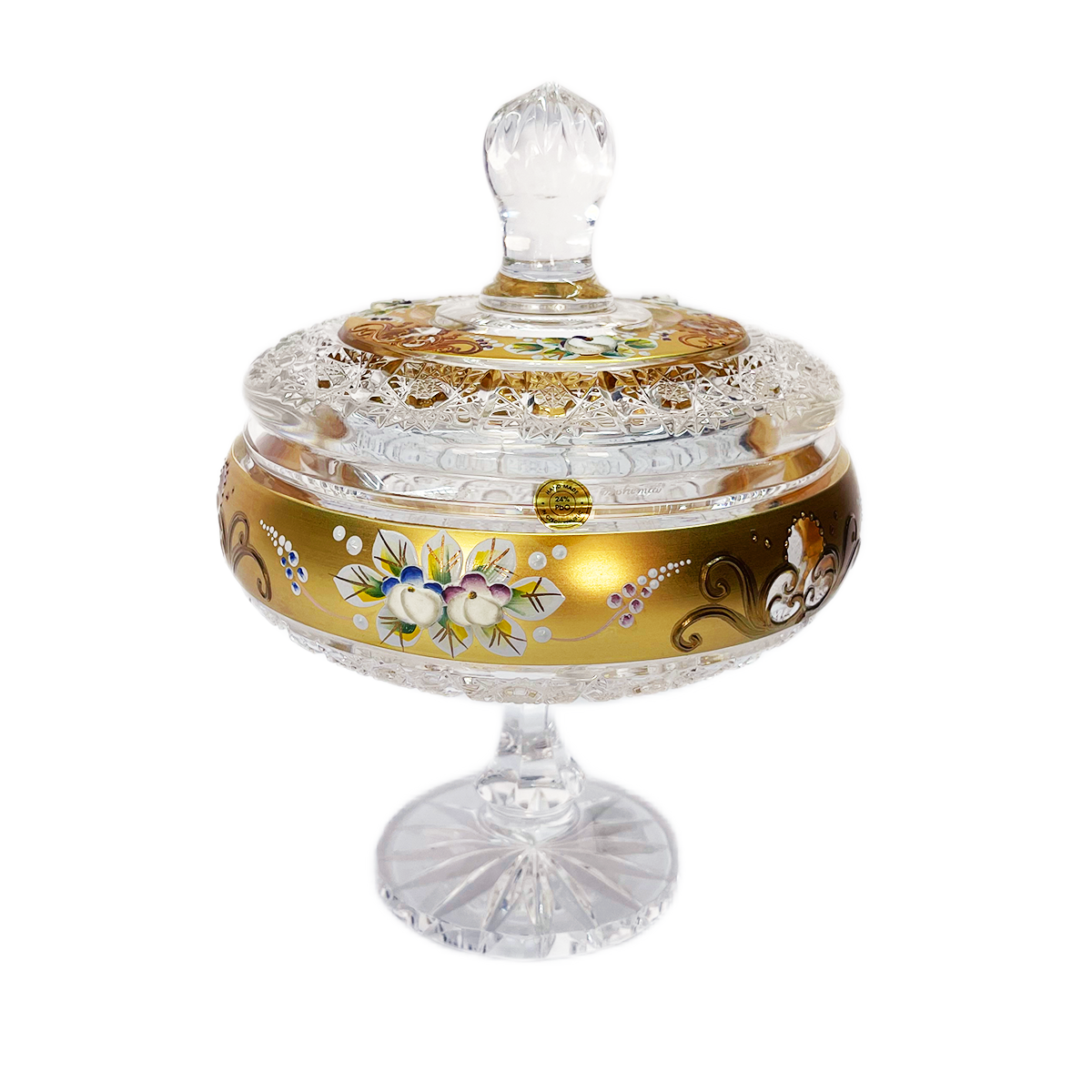 Bohemia Crystal Bonbonniere with Cover and Base -Hand Cut -16.5 cm -Gold