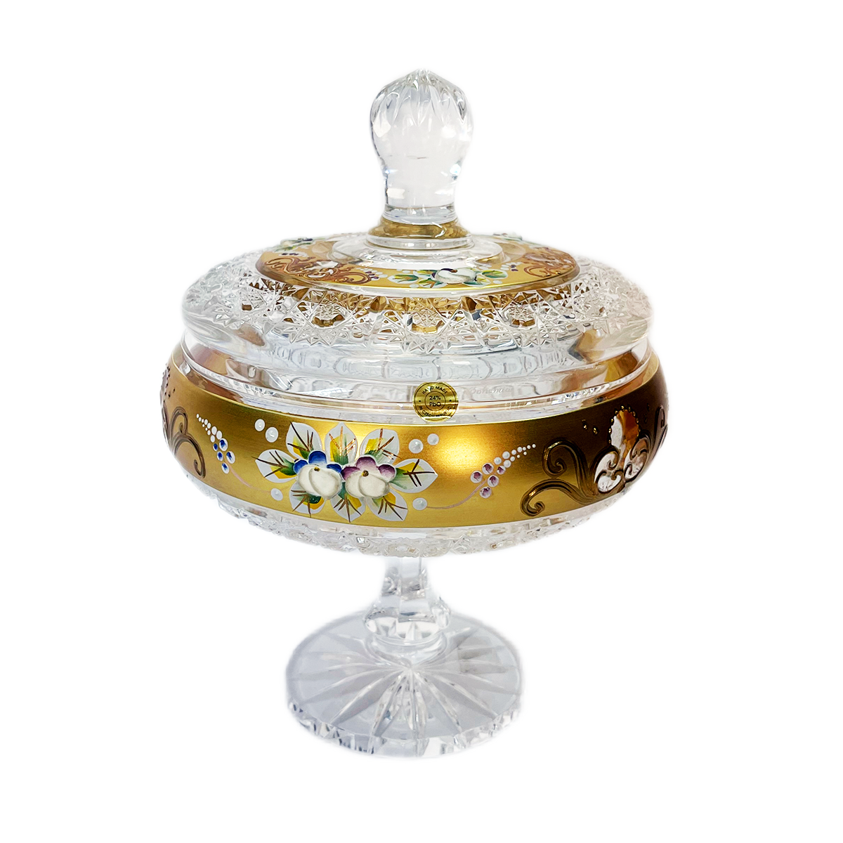 Bohemia Crystal Bonbonniere with Cover and Base -Hand Cut -19.5 cm -Gold