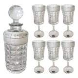 Bohemia Crystal Diamond Decanter & Goblet Set, 7 Pieces -Silver