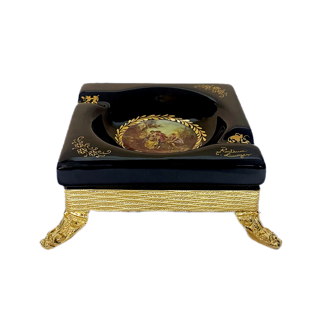 Limoge Rostema Square Ashtray with Gold Plated Legs -Romeo & Juliet -Cobalt Blue & Gold -13x13x5 cm