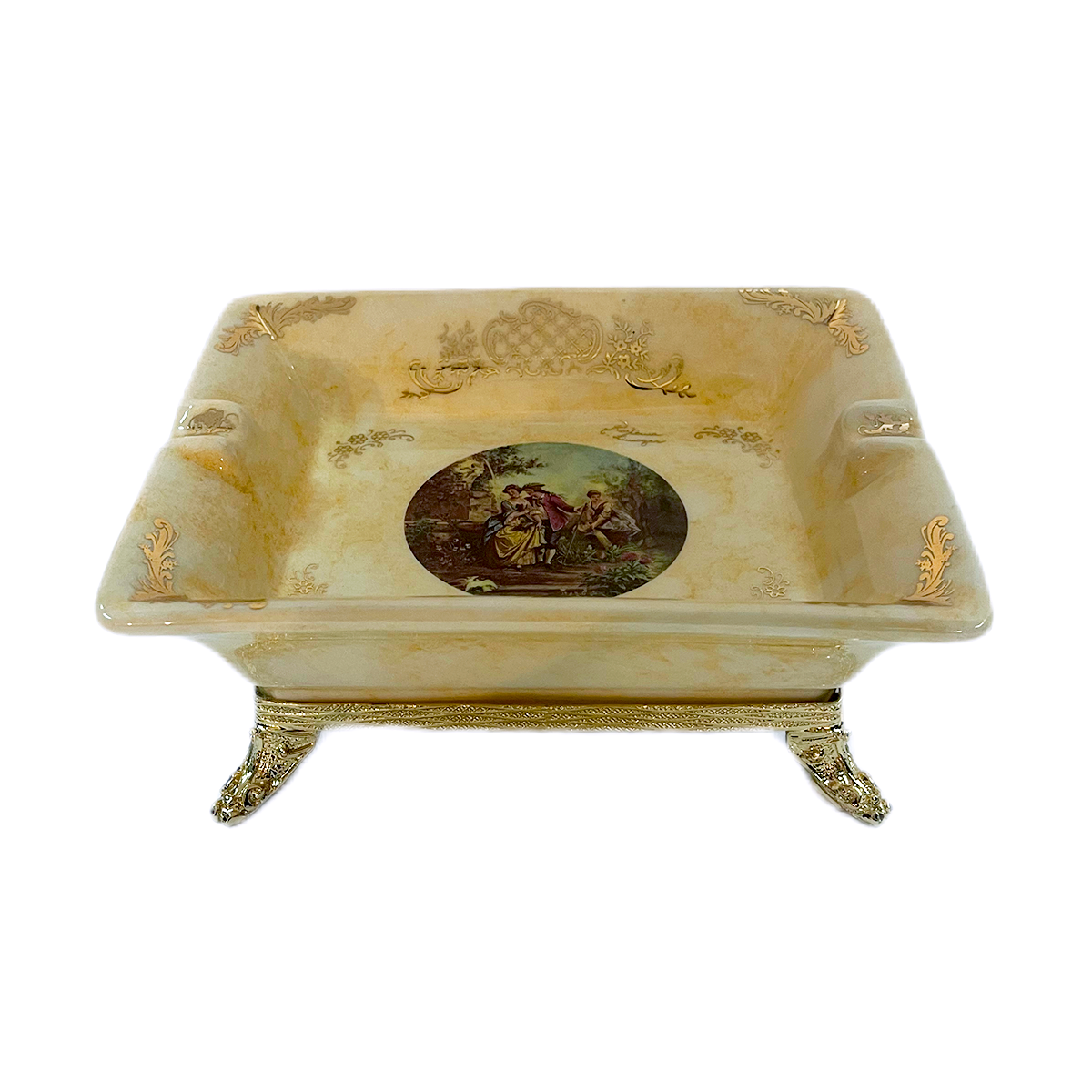 Limoge Rostema Square Ashtray with Gold Plated Legs -Romeo & Juliet -Beige & Gold -7x16x19 cm