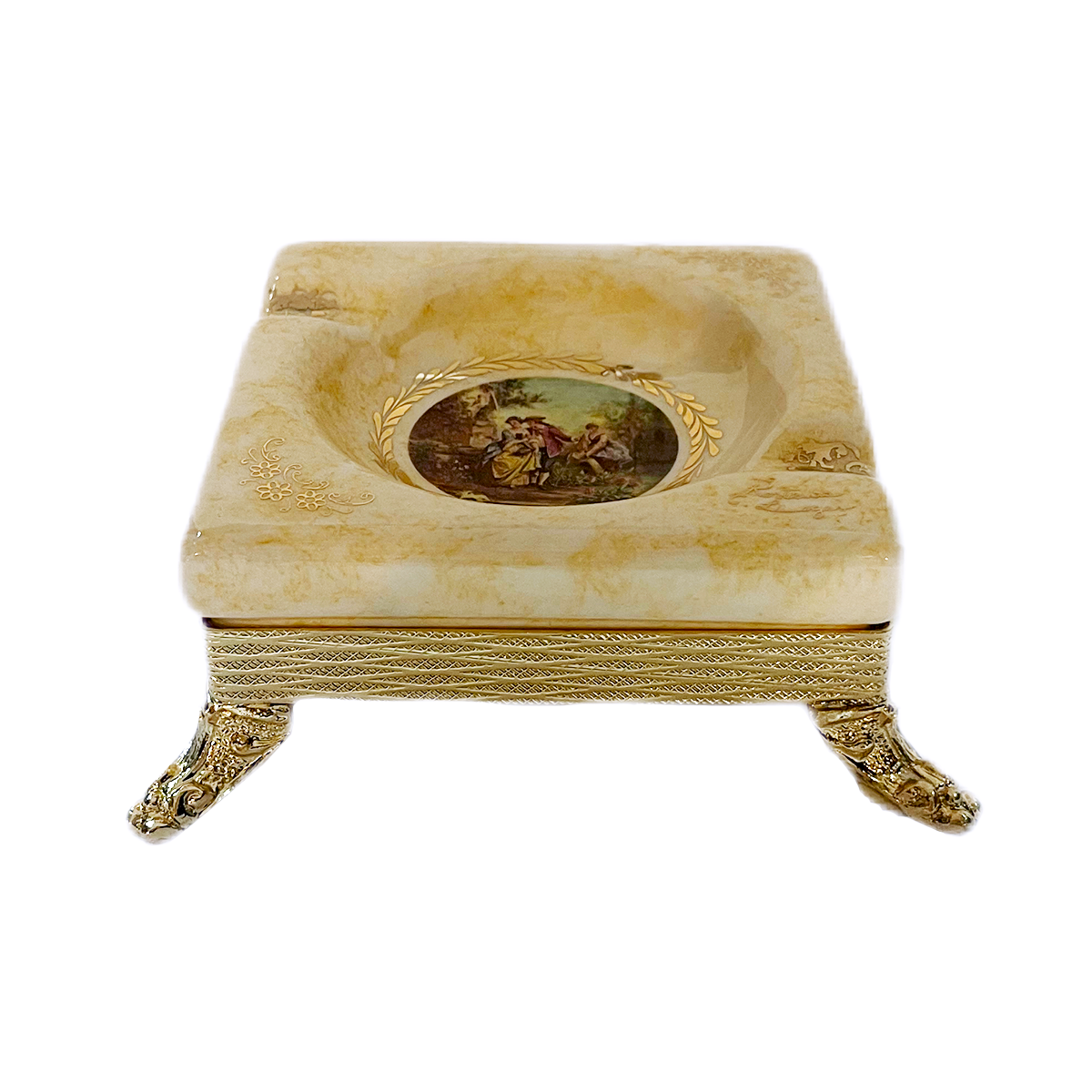 Limoge Rostema Ashtray with Gold Plated Legs -Romeo & Juliet -Beige & Gold -14x14x5 cm