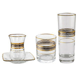 Pasabahce Longdrink, Tumbler, Tea Cups & Saucer Set, 24 Pieces -Gold & Silver