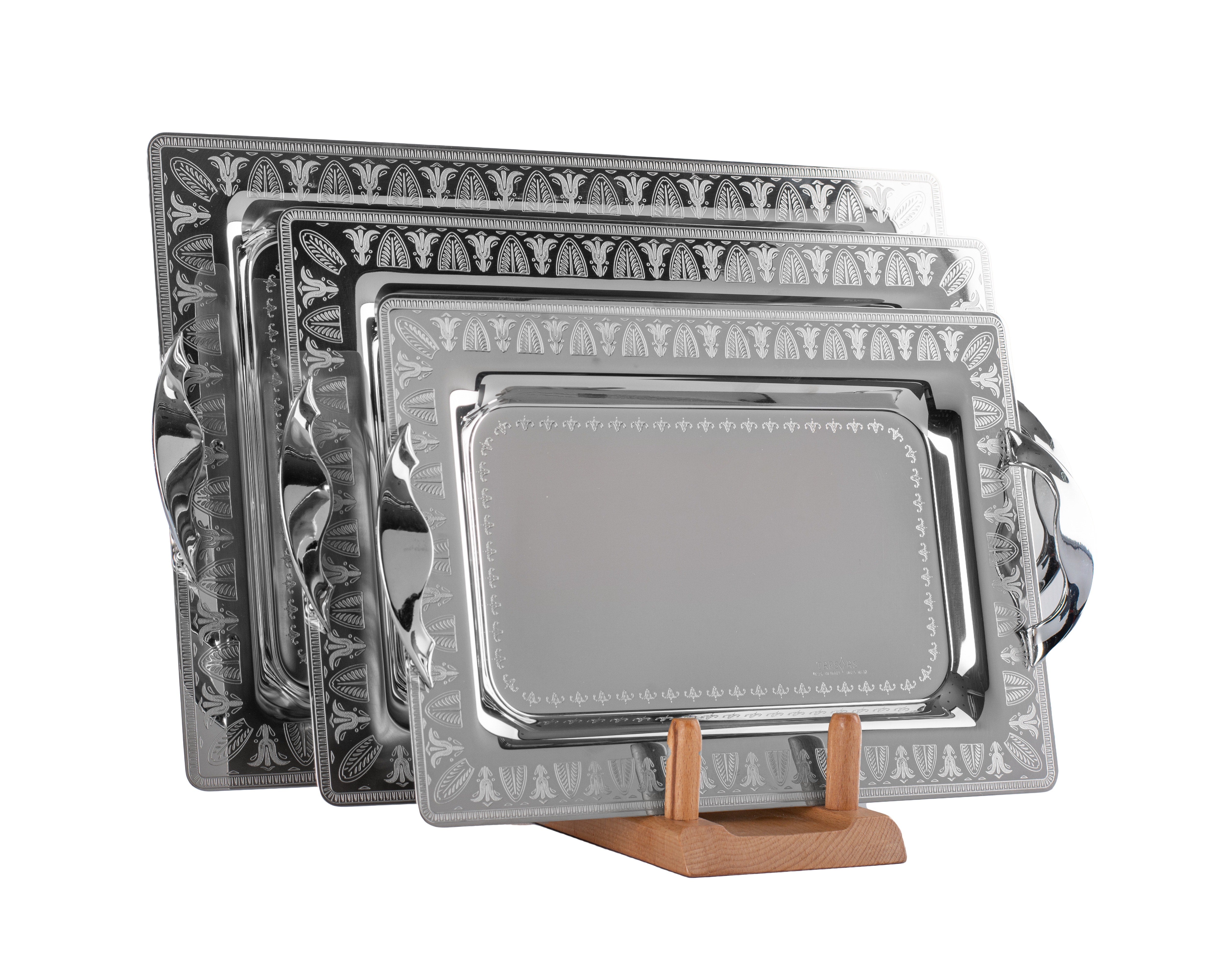 Tresors Rectangular Tray with Handles, 3 Pieces -Made in Italy -Silver -Stainless Steel 18/10
