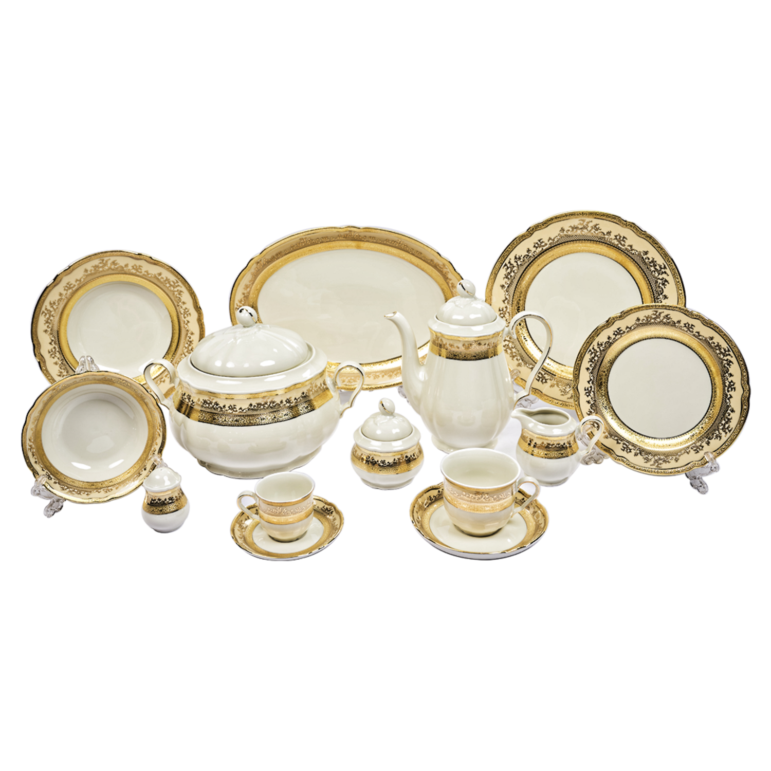 Falkenporzellan Dinner Set, 112 Pieces -Cream & Gold -Porcelain