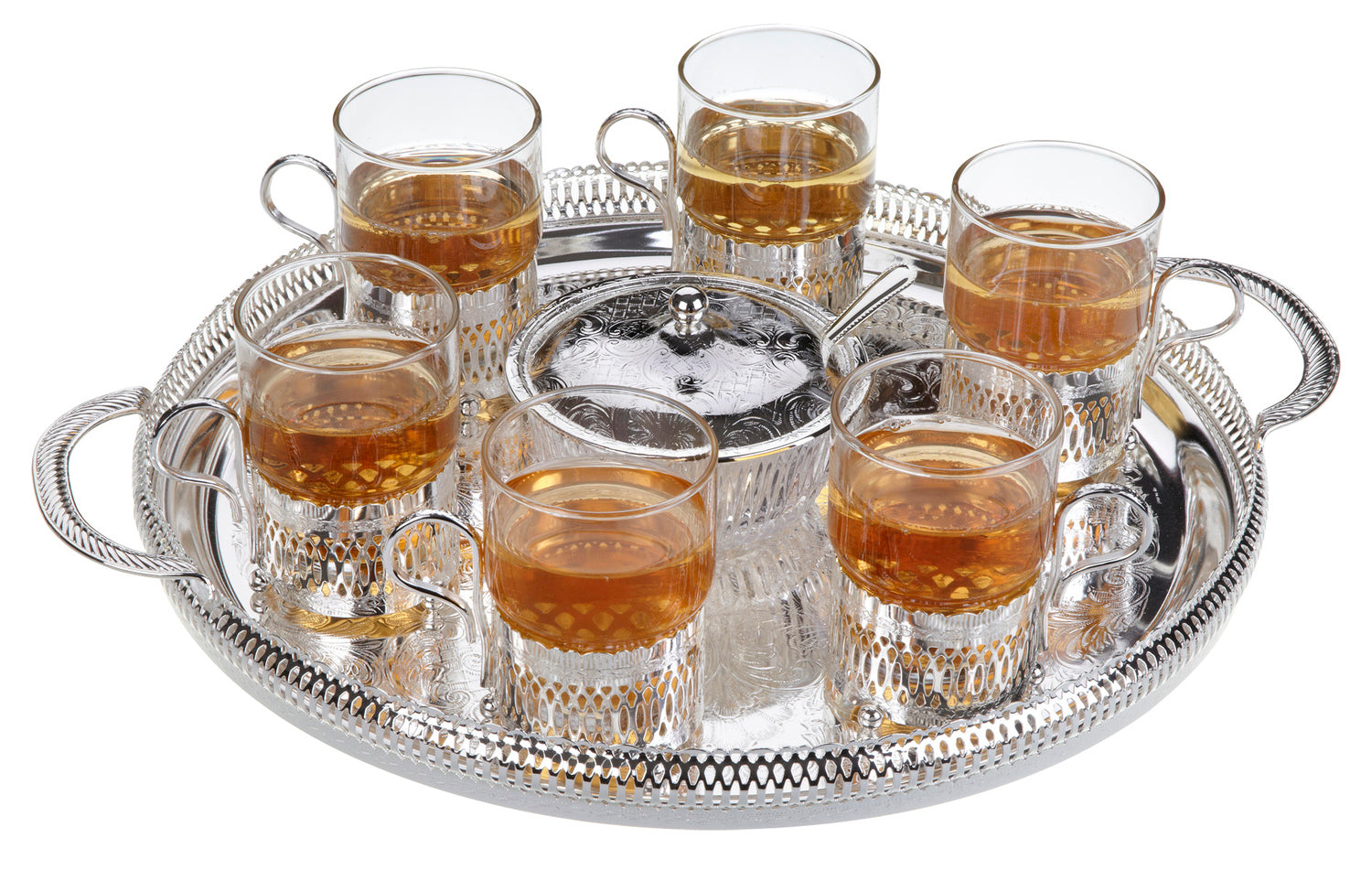 Queen Anne Round Tray Tea Set with 6 Tea Cups, Sugar Dish & Spoon