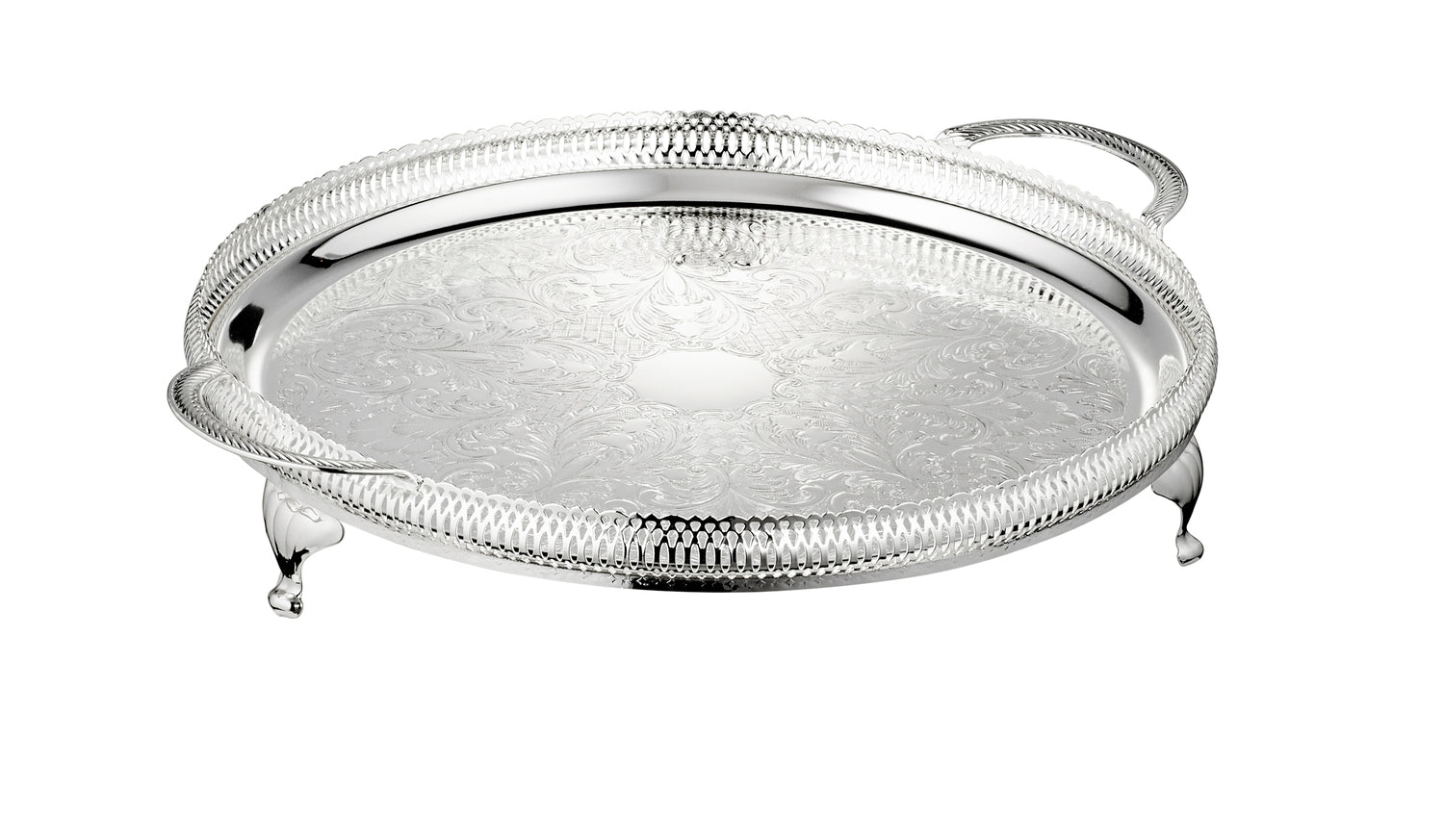 Queen Anne Round Tray with Handles and Legs -35 cm -Silver Plated