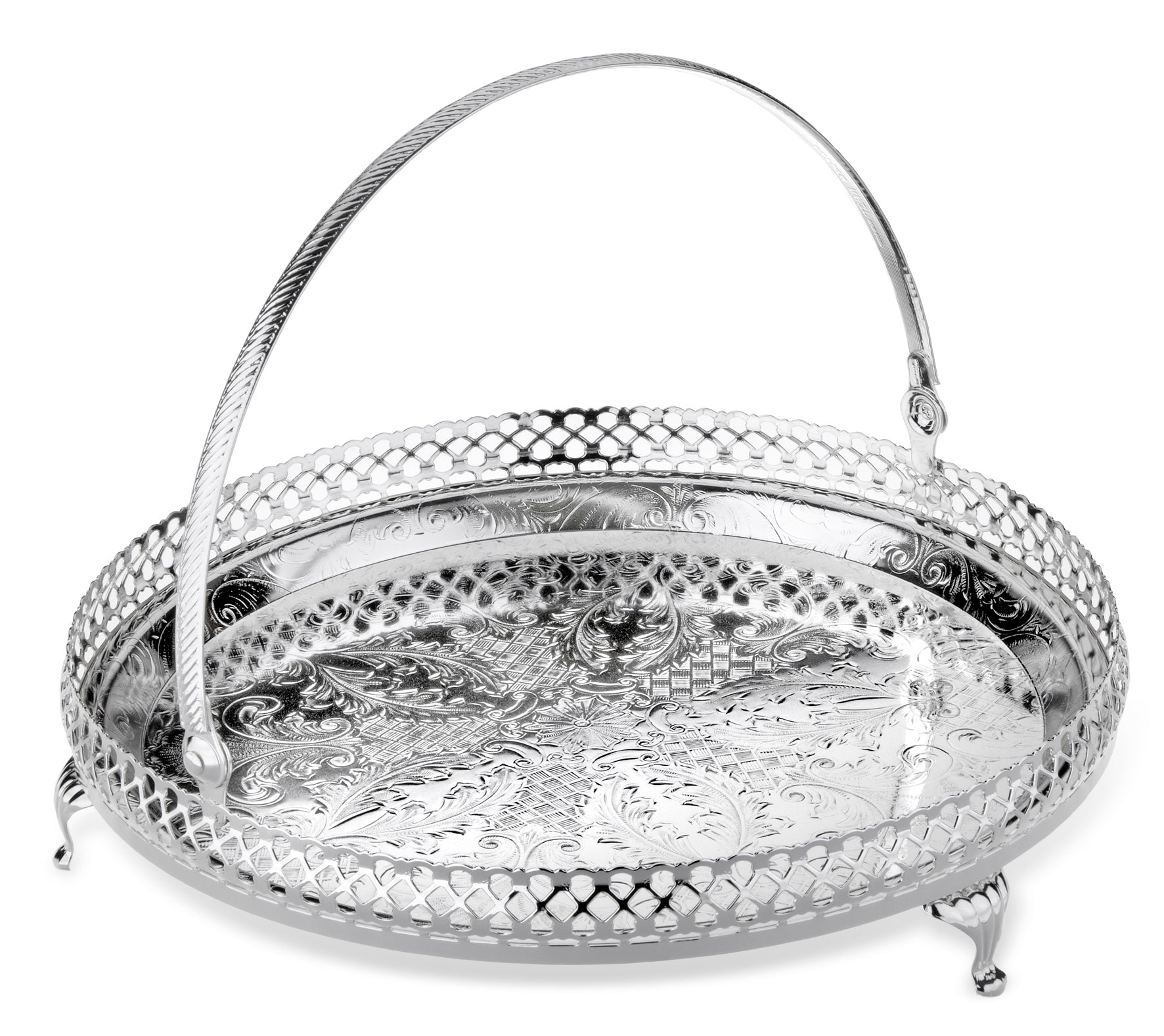 Queen Anne Round Tray with Legs & Swing Handle -23 Dia cm -Silver Plated