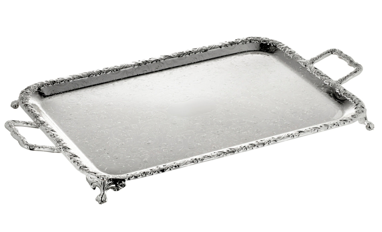 Queen Anne Oblong Tray with Handles and Legs -51x29 cm -Silver Plated