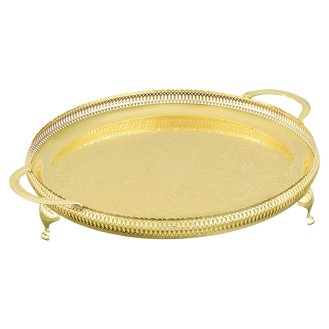 Queen Anne Round Tray with Handles and Legs -35 cm -Gold Plated