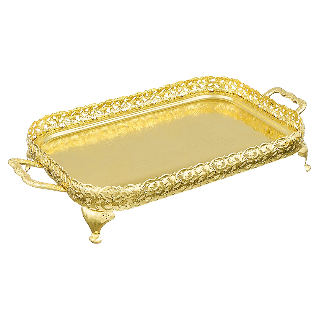 Queen Anne Oblong Tray with Handles and Legs -62.5x34.5cm -Gold Plated