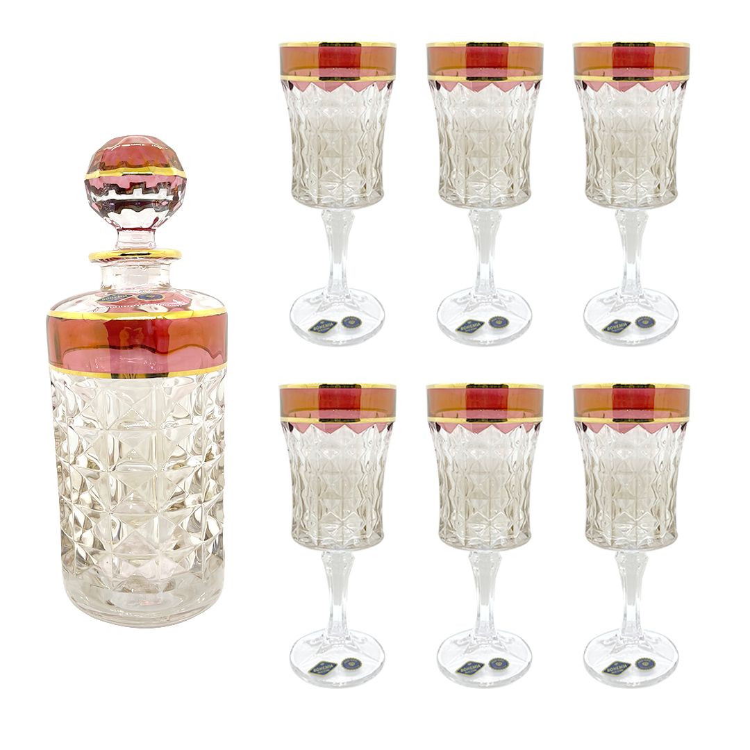 Bohemia Crystal Bottle & Goblet Set, 7 Pieces -Red