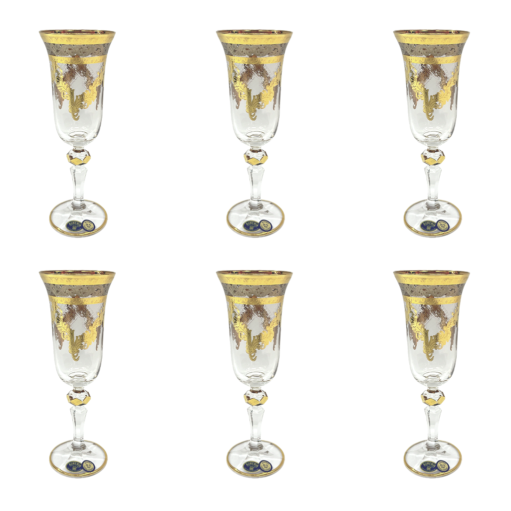 Bohemia Crystal Flute Set, 6 Pieces -Silver & Gold -150 ml
