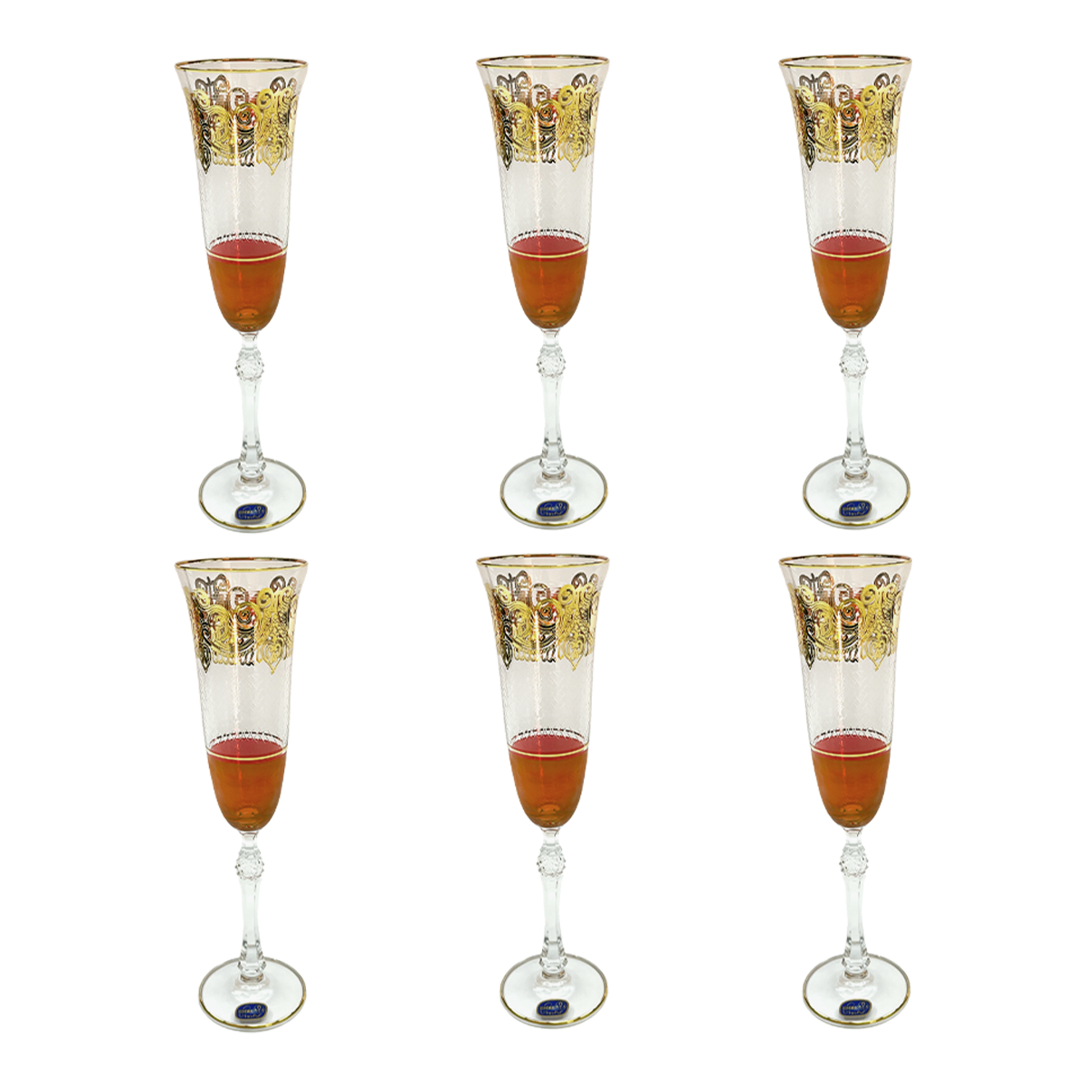 Bohemia Crystal Flute Set, 6 Pieces -Red & Gold -150 ml