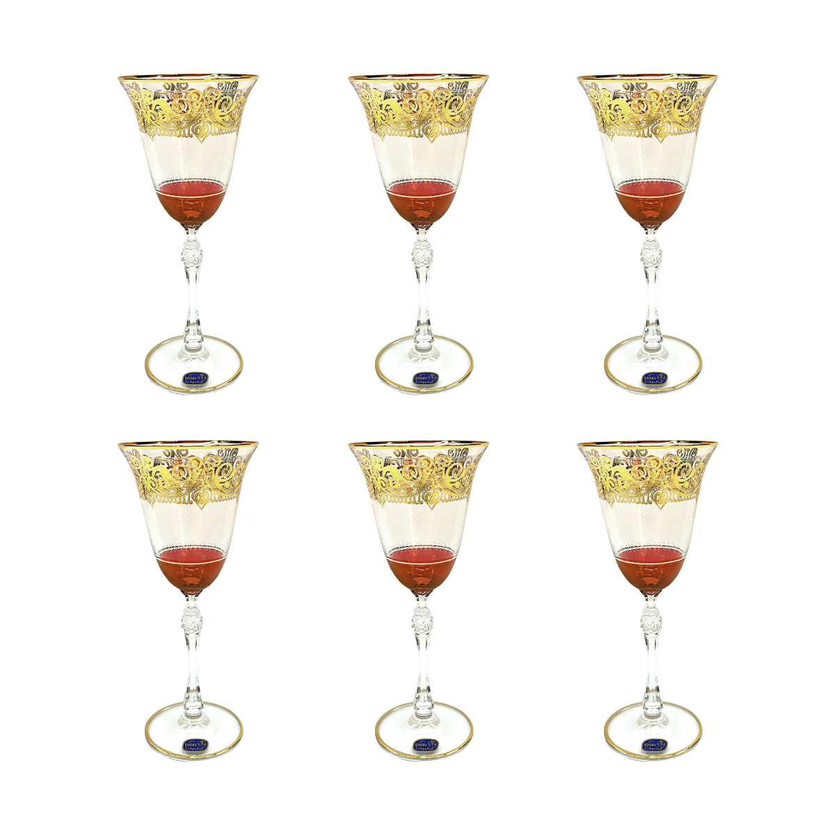 Bohemia Crystal Goblet Set, 6 Pieces -Red & Gold