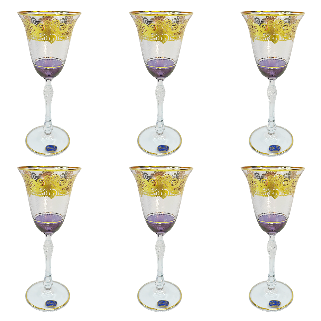 Bohemia Crystal Goblet Set, 6 Pieces -Purple & Gold
