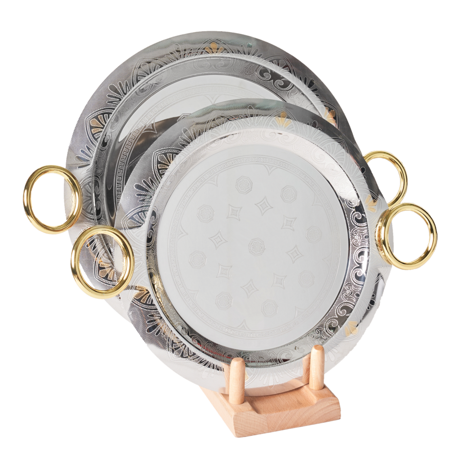 Arsha Round Tray with Handles, 2 Pieces -Silver & Gold -Stainless Steel