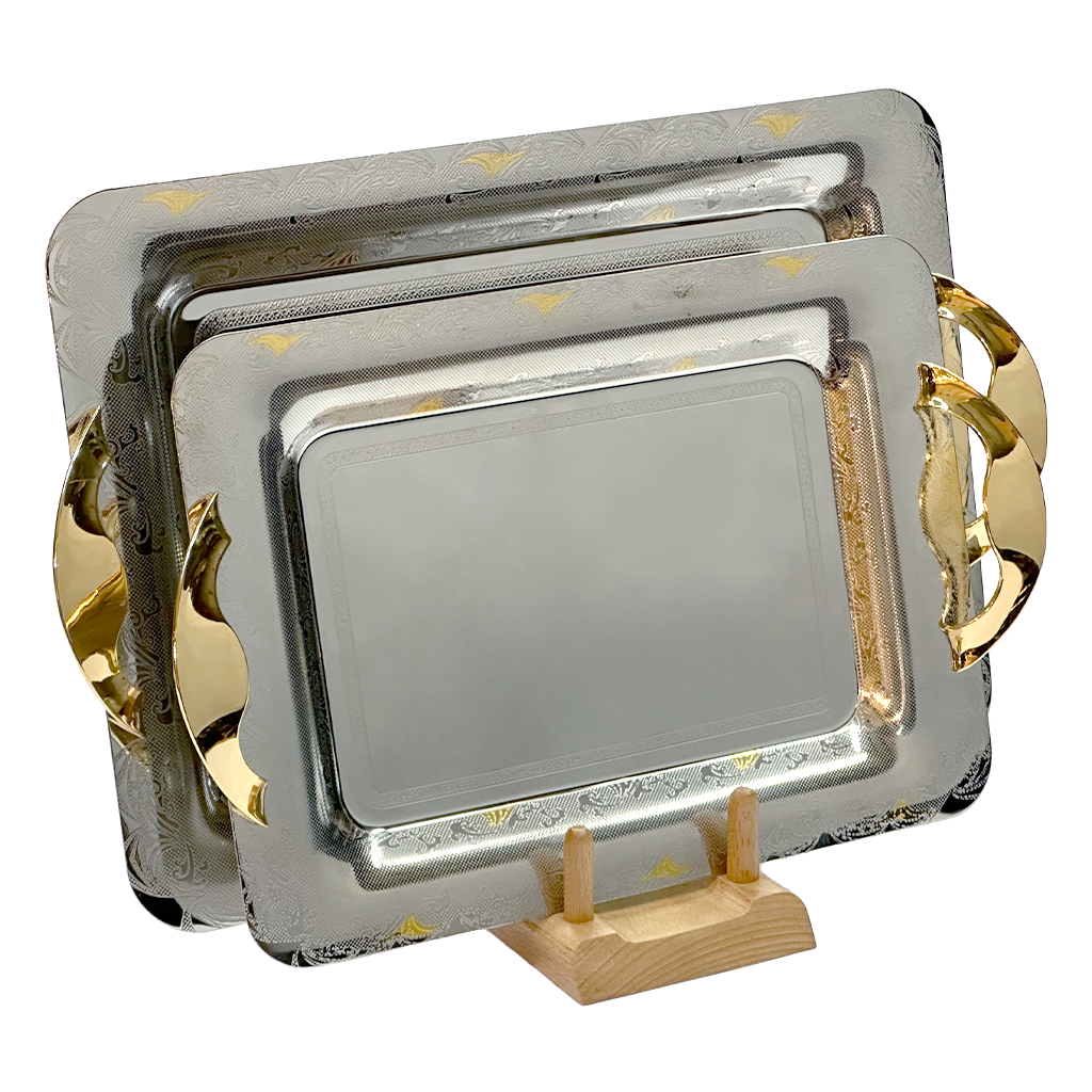 Rectangular Tray with Handles, 2 Pieces -Italian Design -Silver & Gold -Stainless Steel 18/10