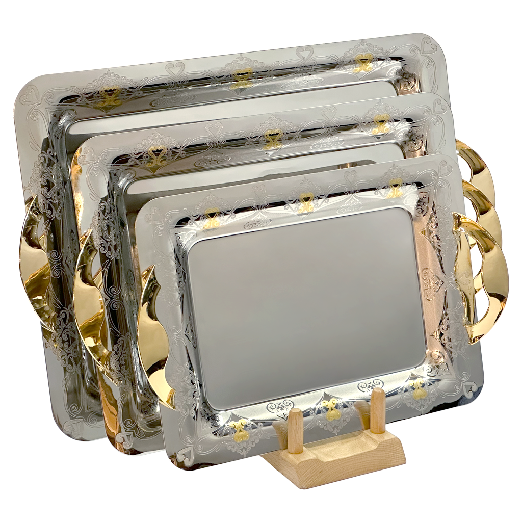 Rectangular Tray with Handles, 3 Pieces -Italian Design -Silver & Gold -Stainless Steel 18/10