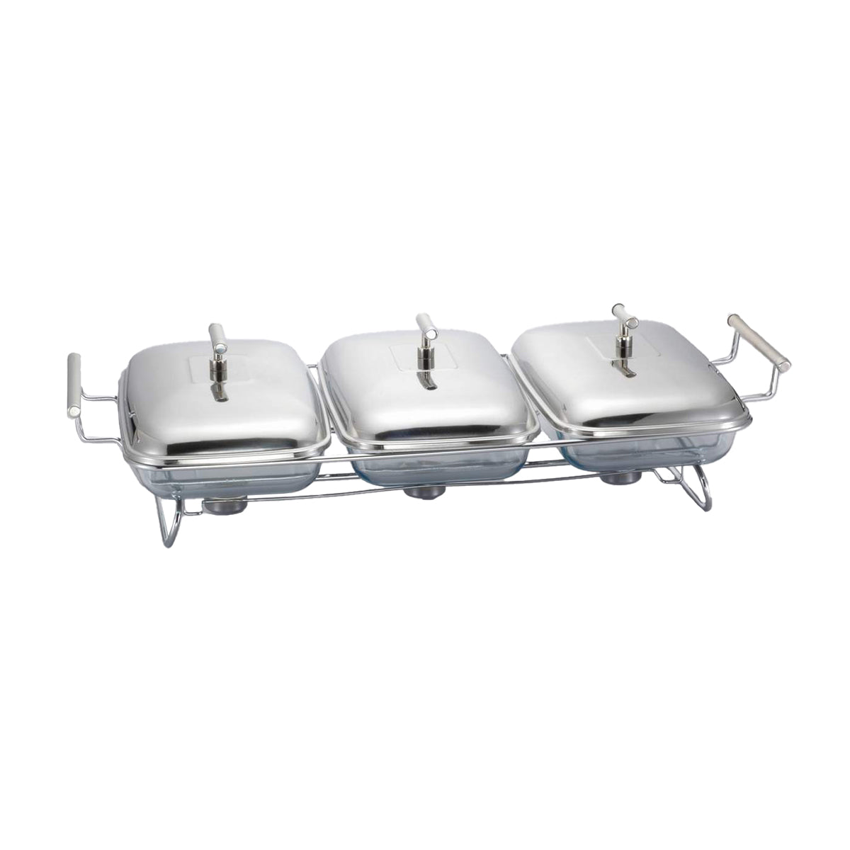 3 Rectangular Food Warmers with Three Candles -3x1.5 Lit. -Stainless Steel 18/10 & Tempered Glass
