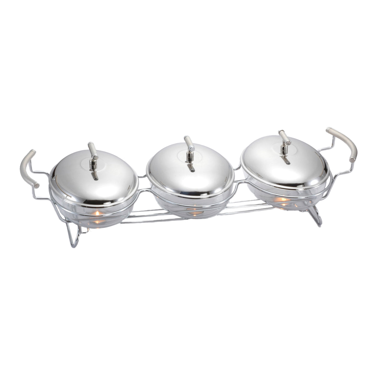 ﻿3 Oval Food Warmers with Three Candles -3x1.5 Lit. -Stainless Steel 18/10 & Tempered Glass