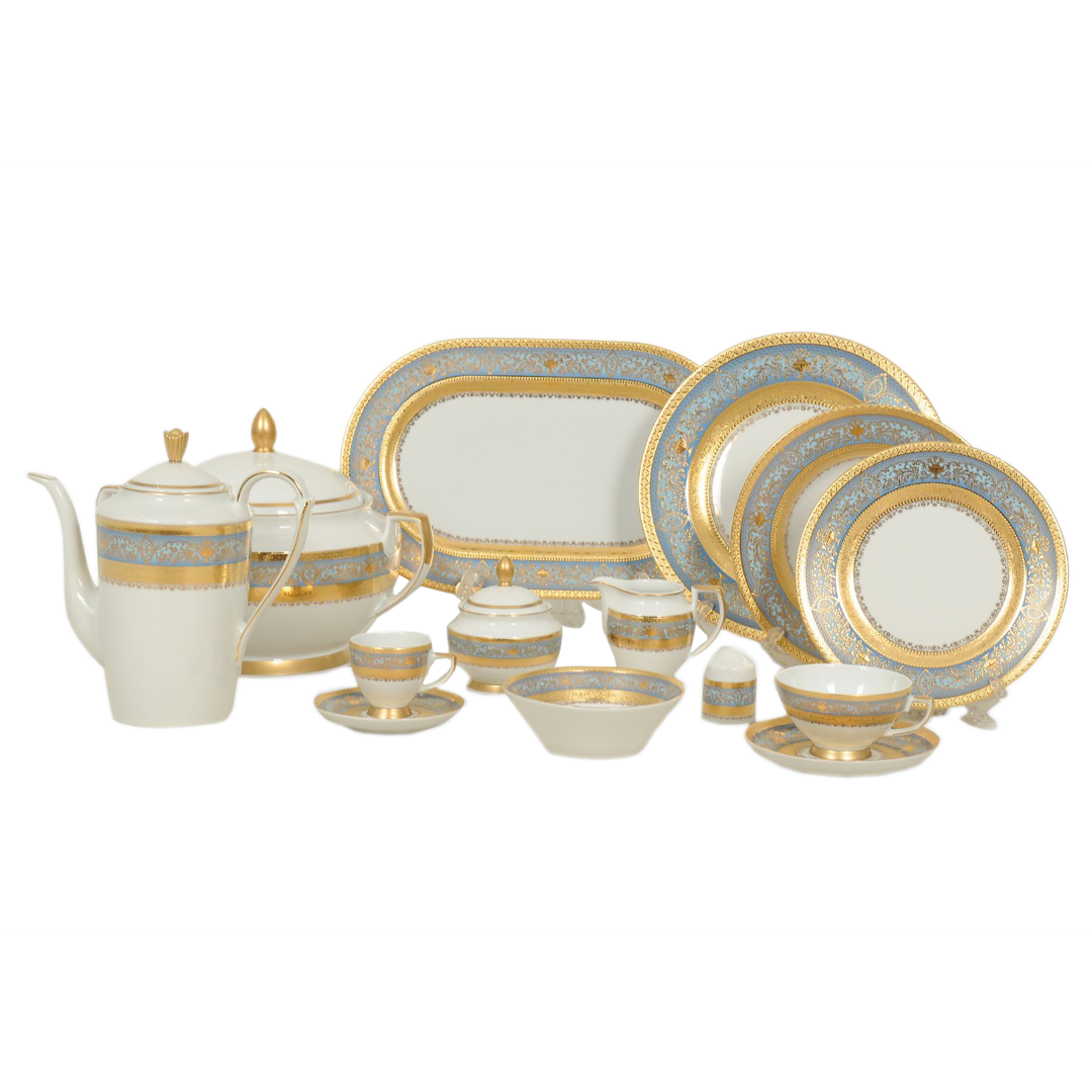 Falkenporzellan Dinner Set, 112 Pieces -Light Blue & Gold -Porcelain